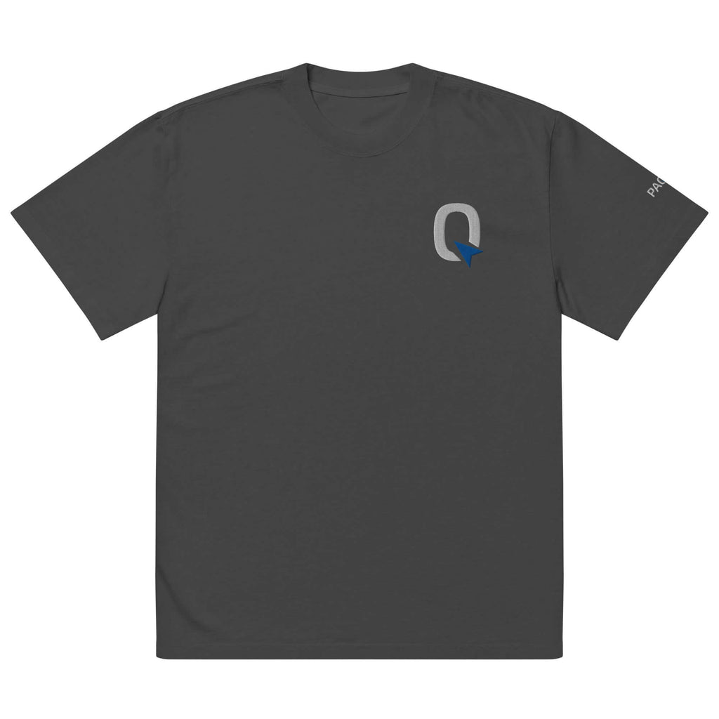 Oversized faded t shirt in charcoal color featuring a logo on the chest and sleeve for a modern streetwear look.