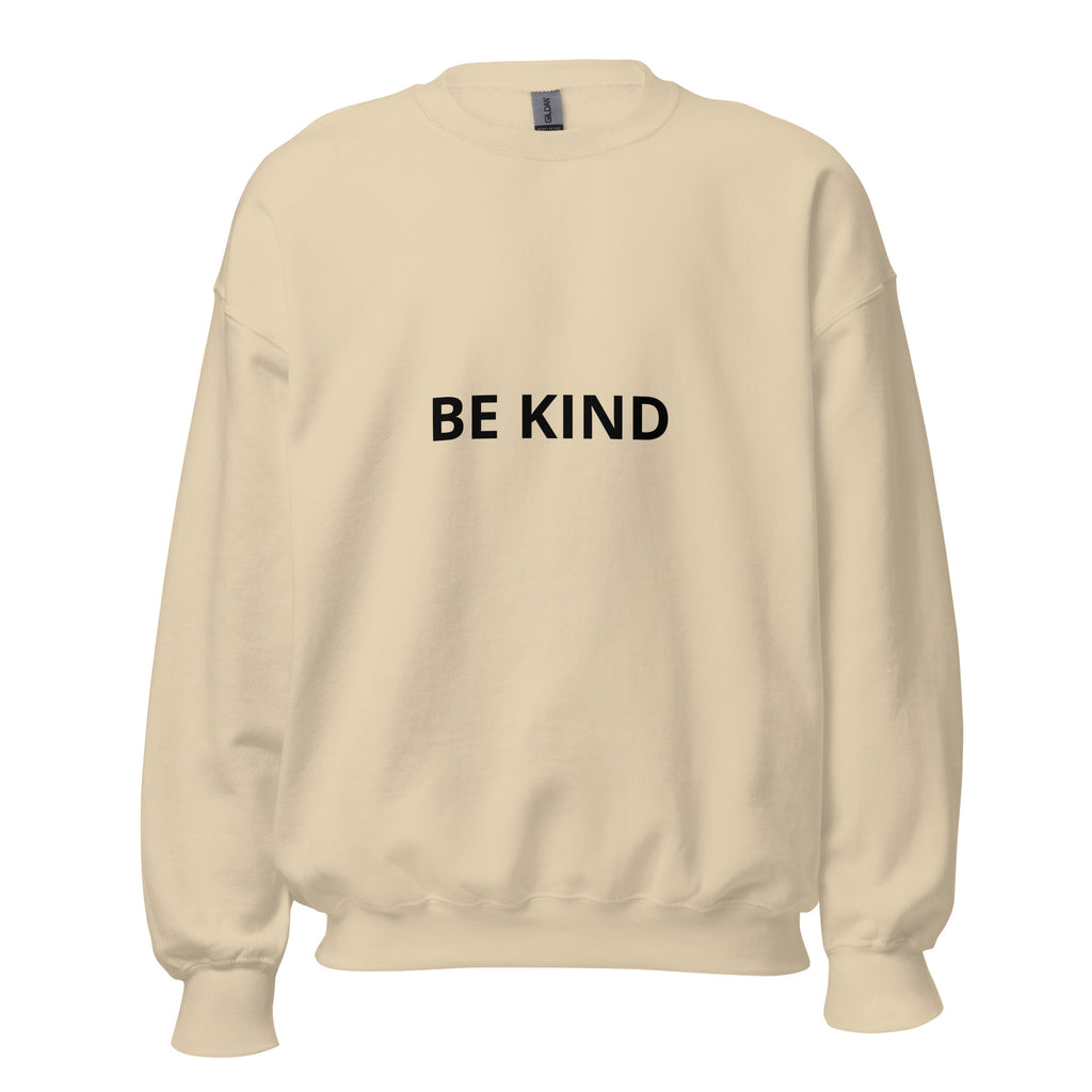 premium sweatshirt women in sand color with 'BE KIND' text on front, part of the Kindness Collection.