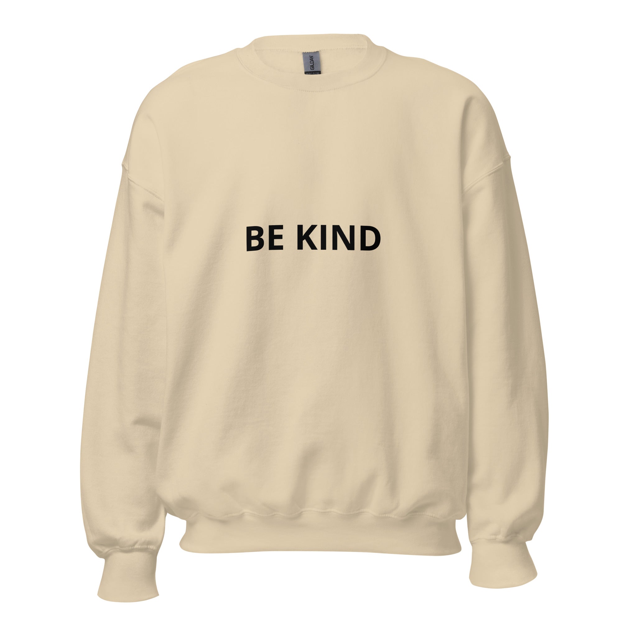 premium sweatshirt women in sand color with 'BE KIND' text on front, part of the Kindness Collection.