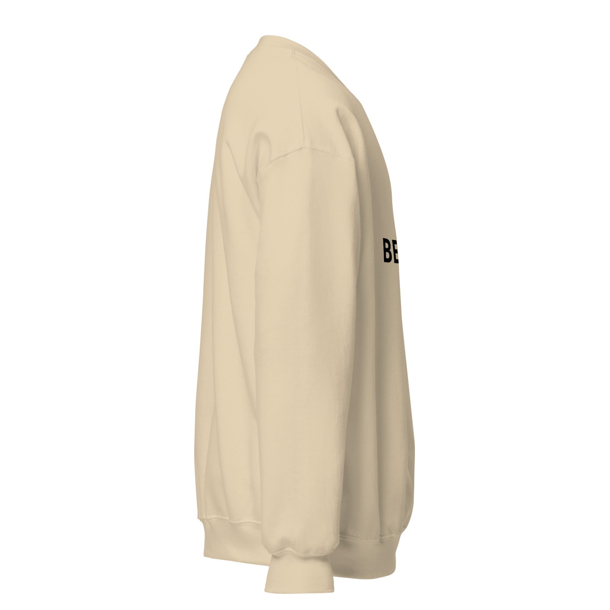 premium sweatshirt women in sand color with 'BE KIND' text on front, part of the Kindness Collection.