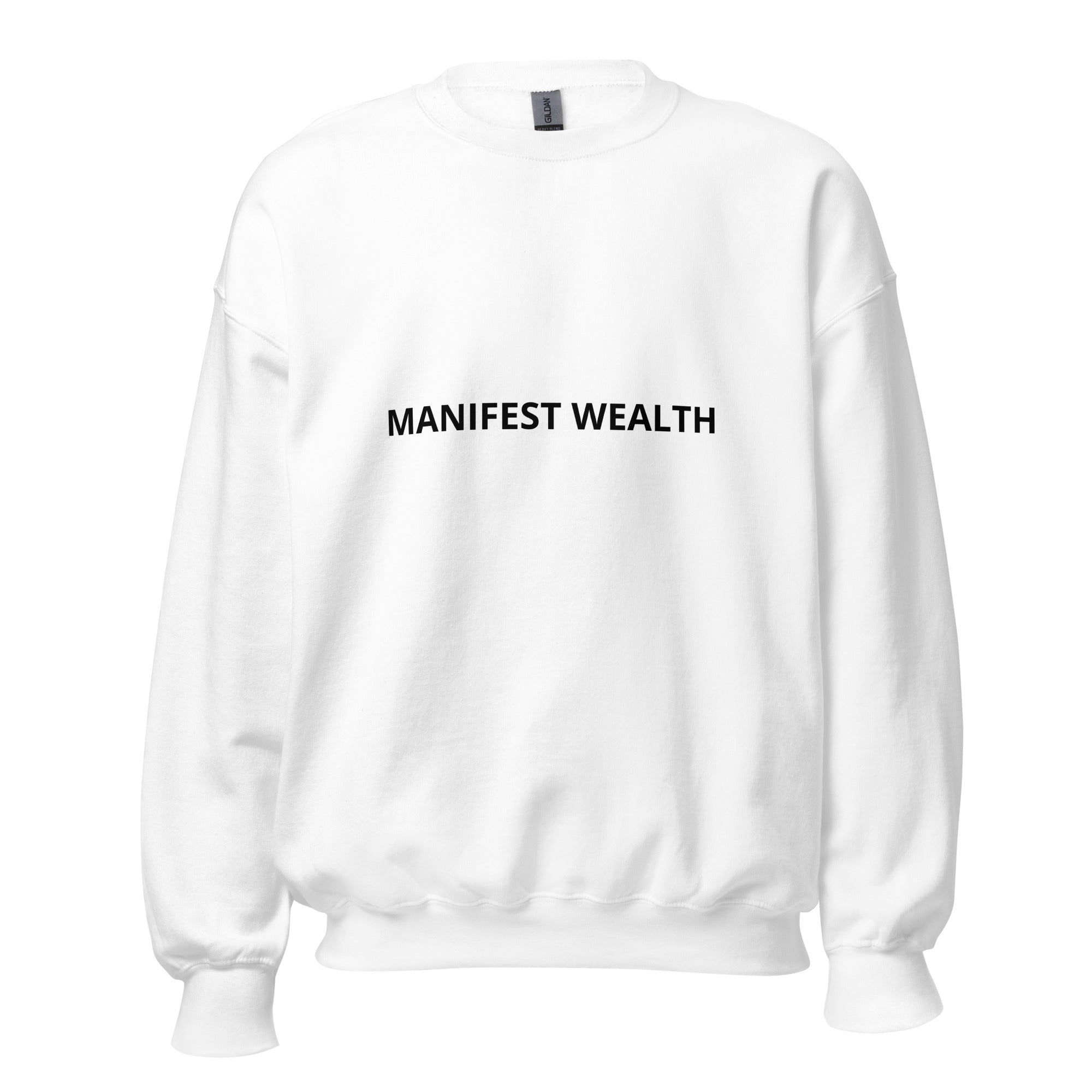 Mindset sweatshirt women featuring a relaxed fit, white color, and 'MANIFEST WEALTH' text for casual and comfortable wear.