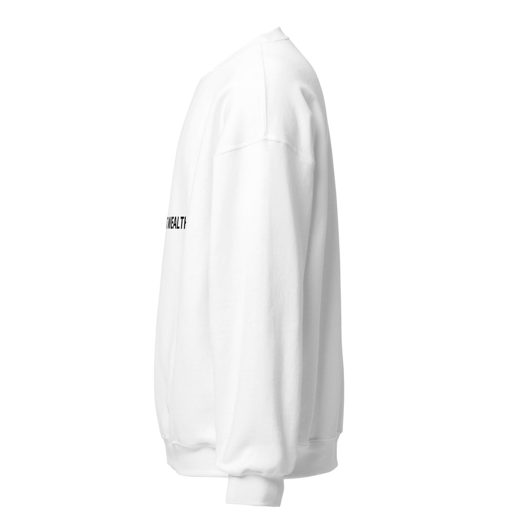 Mindset sweatshirt women featuring a relaxed fit, white color, and 'MANIFEST WEALTH' text for casual and comfortable wear.