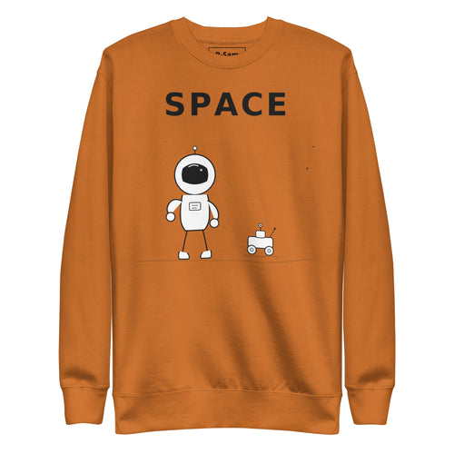 Astronaut graphic sweatshirt in orange featuring a cartoon astronaut and robot with the word 'SPACE' on it.
