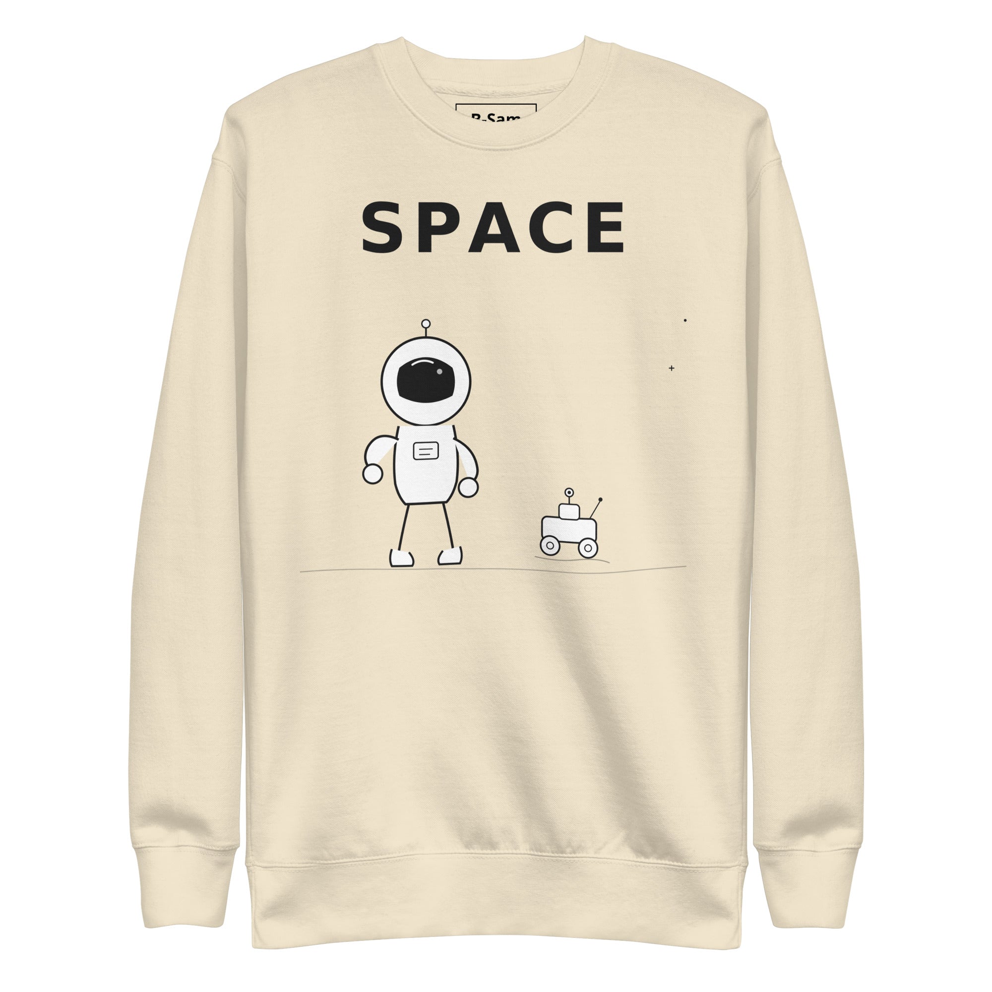 Astronaut graphic sweatshirt in orange featuring a cartoon astronaut and robot with the word 'SPACE' on it.