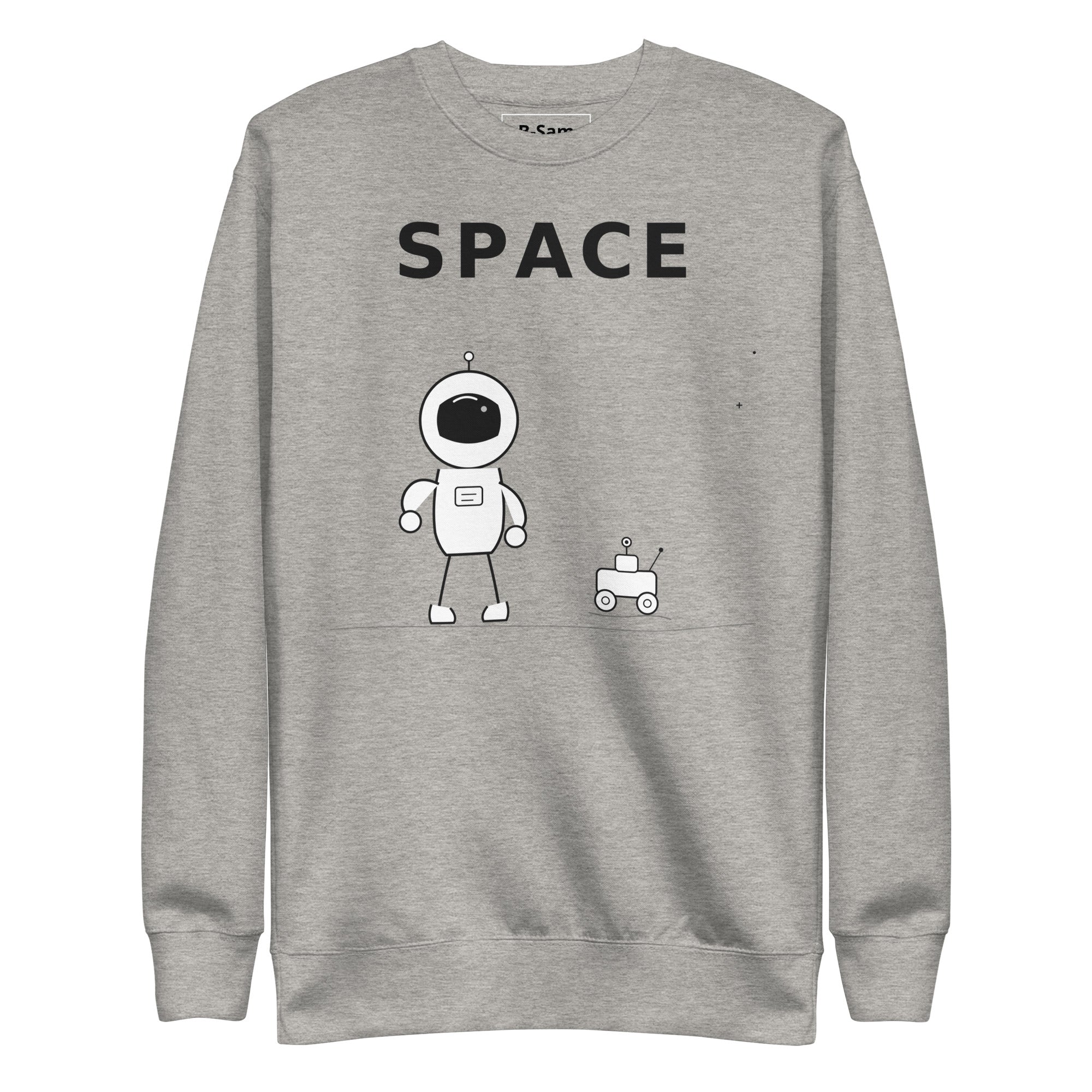 Product mockupAstronaut graphic sweatshirt in orange featuring a cartoon astronaut and robot with the word 'SPACE' on it.