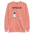Product mockupAstronaut graphic sweatshirt in orange featuring a cartoon astronaut and robot with the word 'SPACE' on it.