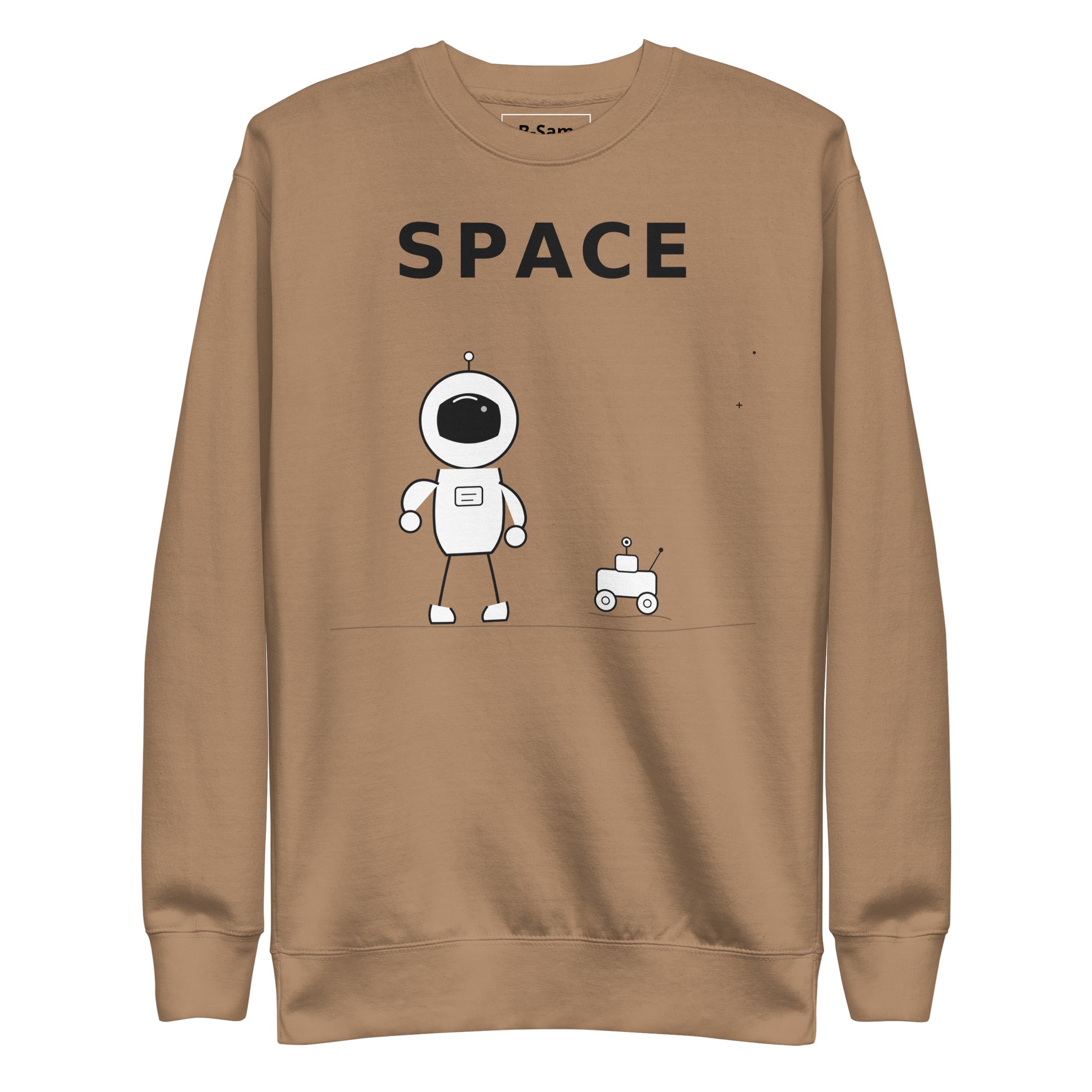 Product mockupAstronaut graphic sweatshirt in orange featuring a cartoon astronaut and robot with the word 'SPACE' on it.
