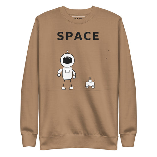 Product mockupAstronaut graphic sweatshirt in orange featuring a cartoon astronaut and robot with the word 'SPACE' on it.