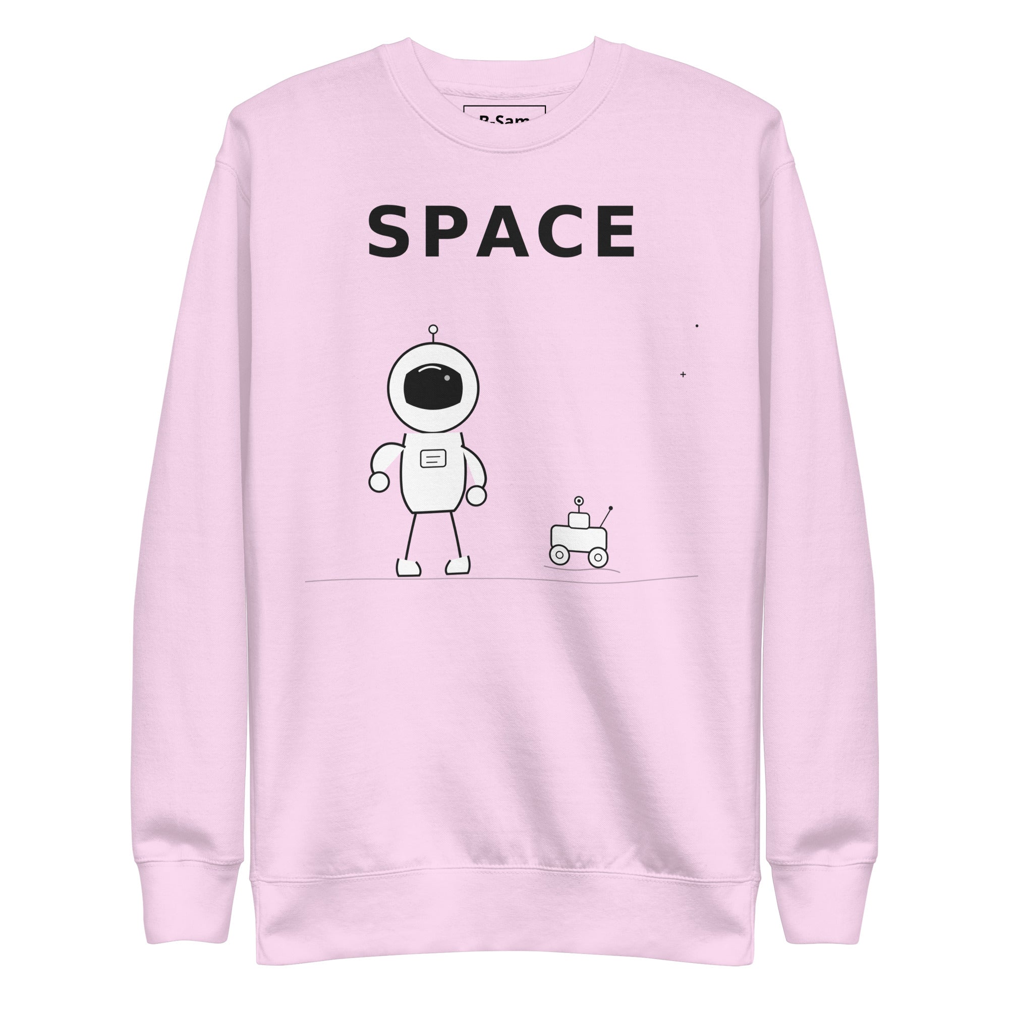 Astronaut graphic sweatshirt in orange featuring a cartoon astronaut and robot with the word 'SPACE' on it.
