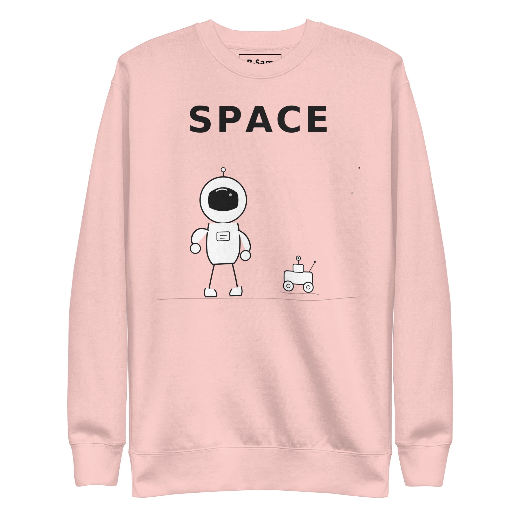 Astronaut graphic sweatshirt in orange featuring a cartoon astronaut and robot with the word 'SPACE' on it.