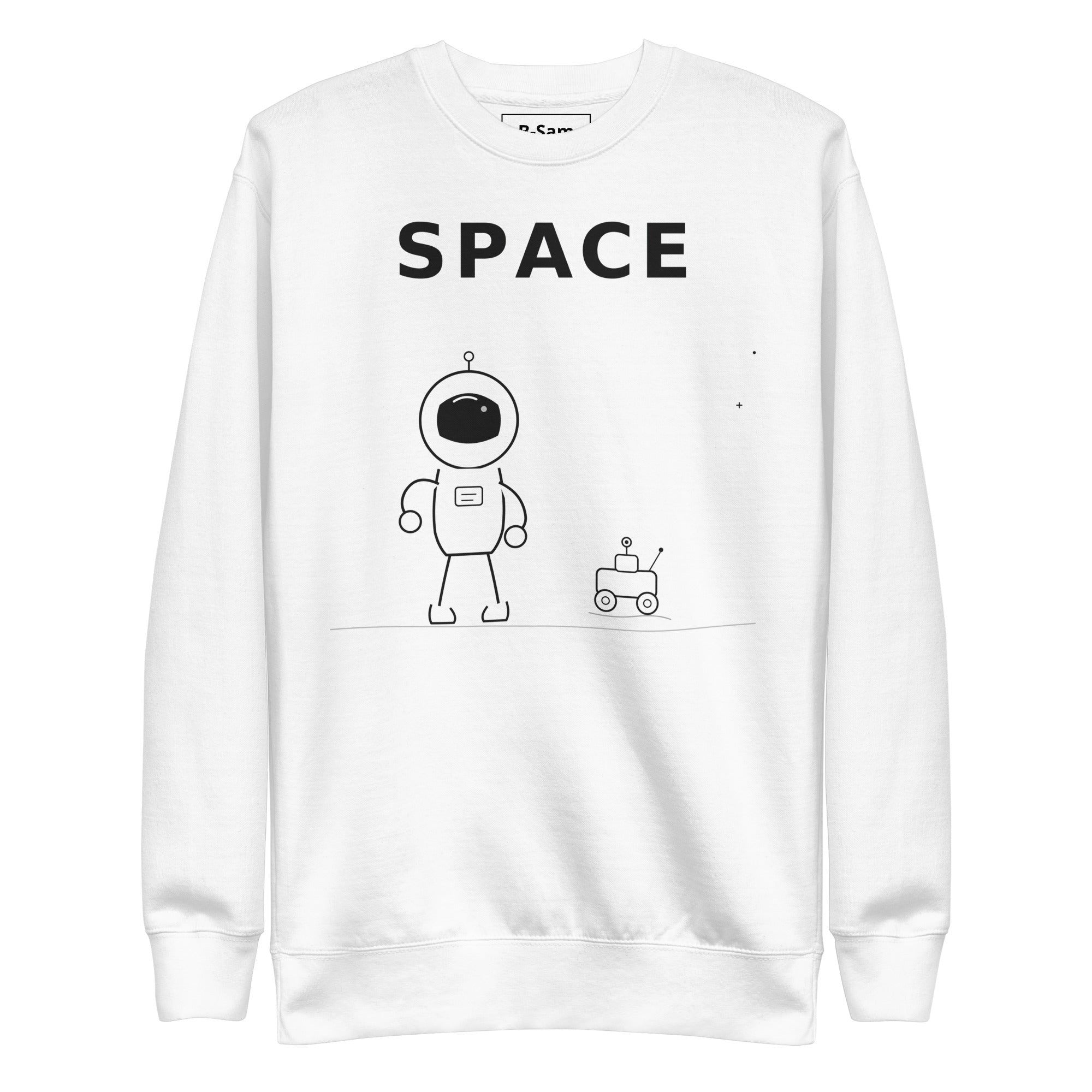 Astronaut graphic sweatshirt in orange featuring a cartoon astronaut and robot with the word 'SPACE' on it.