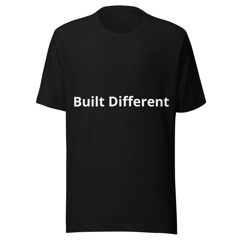 Premium tee shirt in black with the phrase 'Built Different' designed for comfort and style.